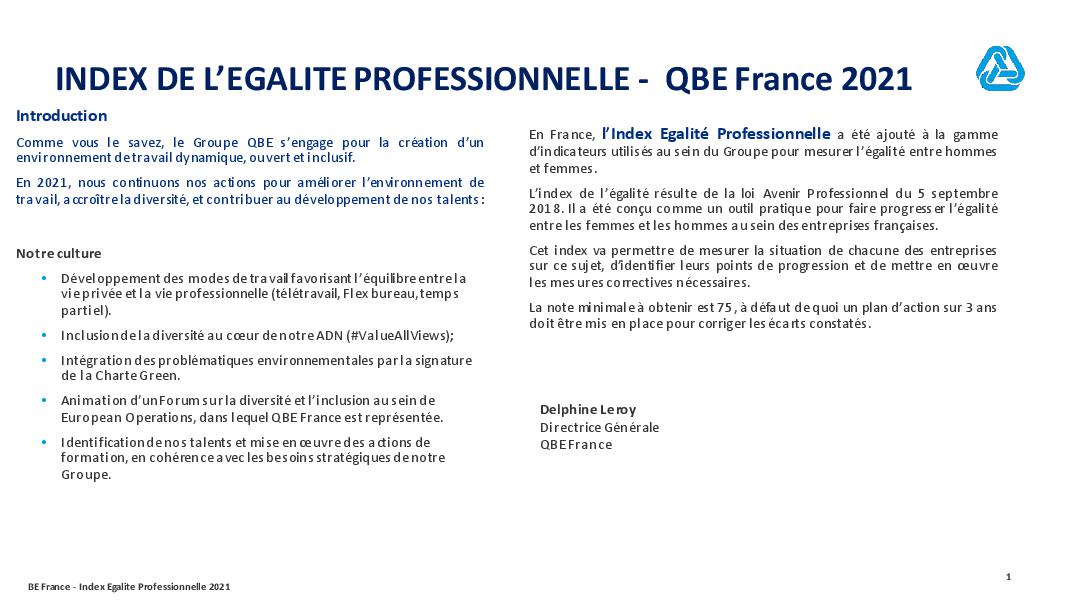 Index de l’Egalité Professionnelle QBE France 2021