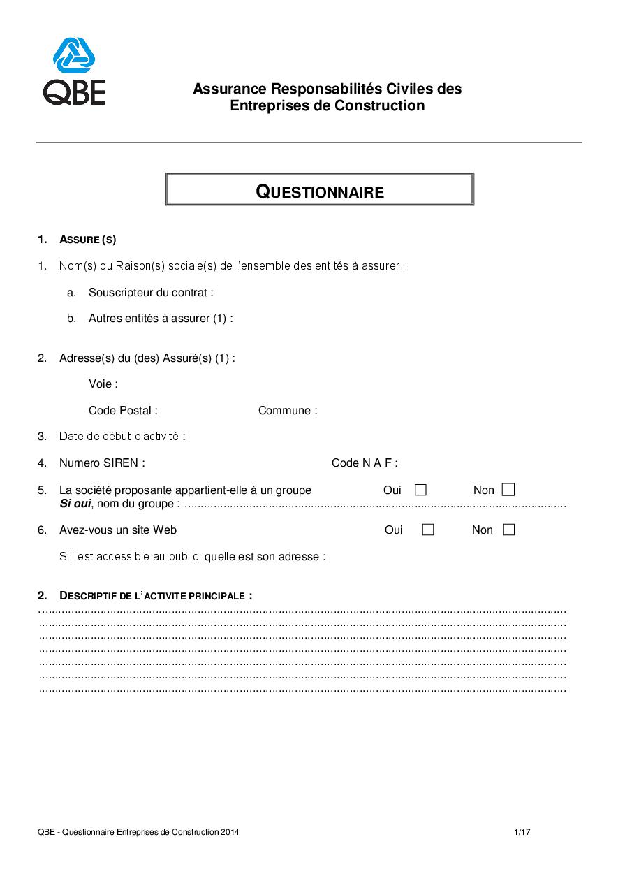 Questionnaire Assurance RC entreprises Construction (PDF 408Kb)