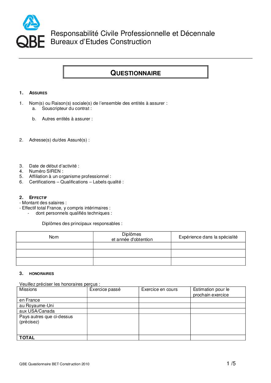 Questionnaire RC Pro et Décennale Bureaux (PDF 59Kb)